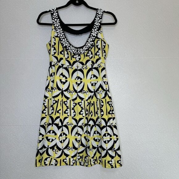 Nanette Lepore Beaded Cutout Dress Yellow Geo Floral Print 4 - Picture 3 of 5